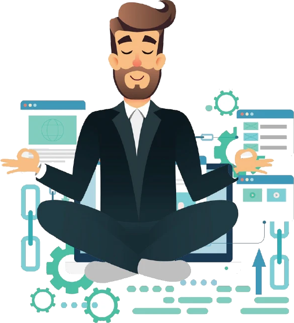 Un client serein, en position de méditation, entouré de ses outils web automatisés